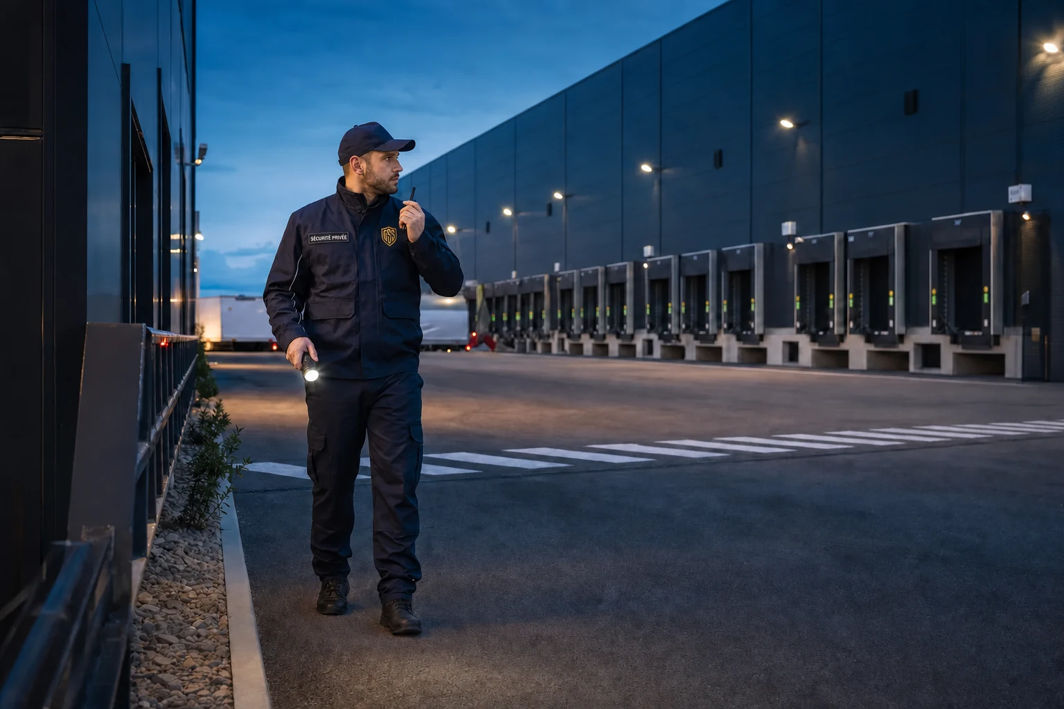 Agent de sécurité effectuant une ronde sur un site logistique